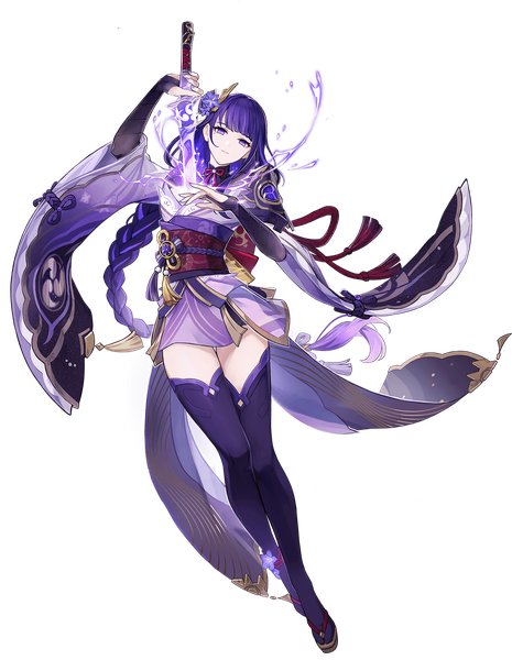 Anime picture 1571x2026 with genshin impact raiden shogun single long hair tall image looking at viewer fringe purple eyes purple hair full body blunt bangs braid (braids) traditional clothes head tilt japanese clothes mole official art mole under eye single braid transparent background