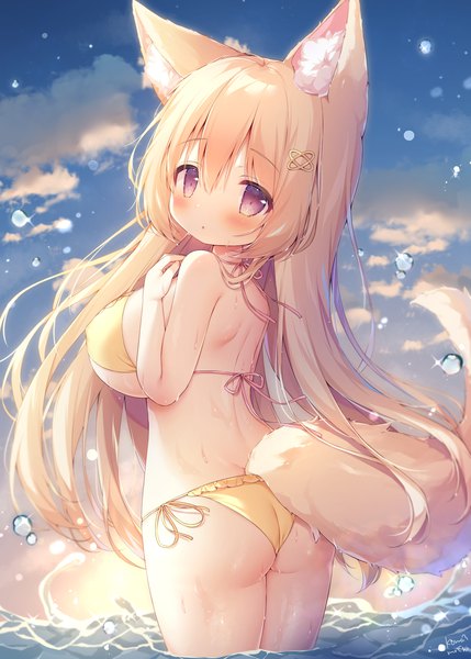 Anime picture 1073x1500 with original momozu komamochi single long hair tall image looking at viewer blush fringe breasts light erotic blonde hair hair between eyes large breasts standing purple eyes animal ears payot sky cloud (clouds) outdoors