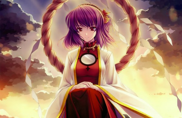 Anime picture 2000x1295 with touhou yasaka kanako single looking at viewer highres short hair red eyes sitting purple hair cloud (clouds) evening sunset girl hairband