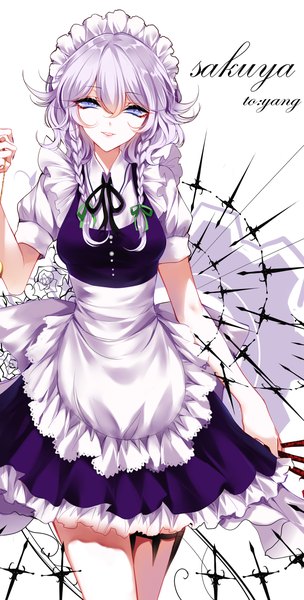 Anime picture 1800x3550 with touhou izayoi sakuya sheya single long hair tall image looking at viewer fringe highres blue eyes simple background smile hair between eyes white background silver hair braid (braids) parted lips maid twin braids girl