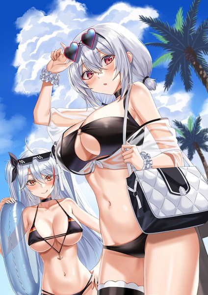 Anime picture 2480x3507 with azur lane prinz eugen (azur lane) sirius (azur lane) prinz eugen (unfading smile) (azur lane) sirius (scorching-hot seirios) (azur lane) shocho long hair tall image looking at viewer blush fringe highres short hair breasts open mouth light erotic smile hair between eyes red eyes large breasts