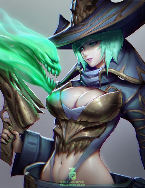 Anime picture 618x800 with deathverse (zeronis) original acis (deathverse) paul (shiramune) single tall image short hair breasts light erotic simple background large breasts green eyes nail polish fingernails green hair lips realistic grey background lipstick pink lipstick