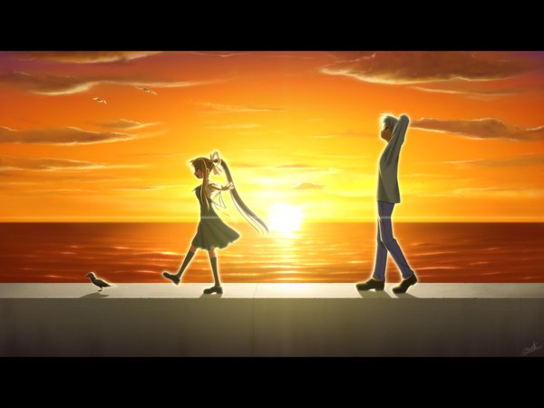 Anime picture 1600x1200 with air key (studio) kamio misuzu sora kunisaki yukito spread arms orange background girl animal bird (birds)