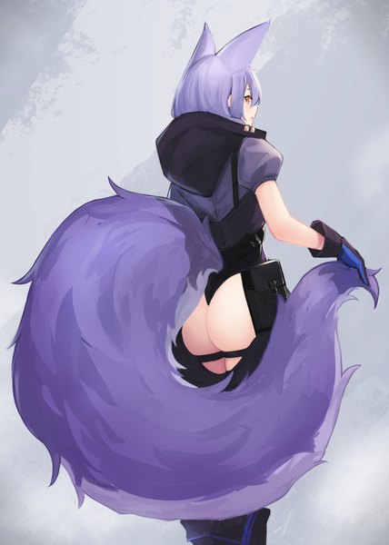 Anime picture 1042x1461 with arknights provence (arknights) hayabusa single tall image blush fringe short hair open mouth light erotic simple background hair between eyes standing animal ears purple hair ass tail animal tail from behind grey background