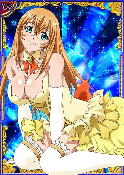 Anime picture 567x800 with ikkitousen sonsaku hakufu single long hair tall image fringe breasts light erotic blonde hair hair between eyes large breasts bare shoulders payot looking away ahoge head tilt aqua eyes arm support sparkle leaning