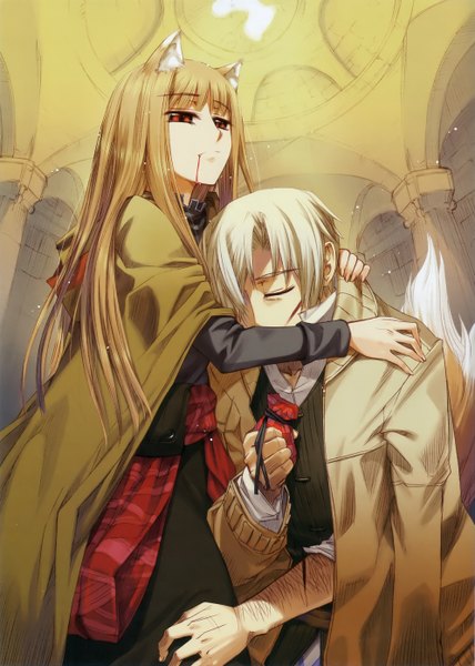 Anime picture 1987x2787 with spice and wolf horo craft lawrence koume keito long hair tall image highres short hair red eyes brown hair animal ears white hair eyes closed animal tail scan couple hug open collar wolf ears wolf tail