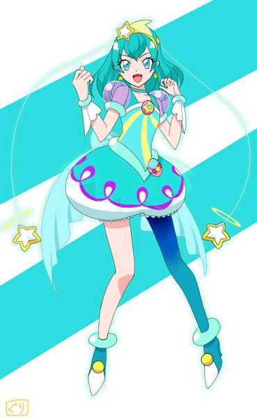 Anime picture 1600x2600 with precure star twinkle precure toei animation hagoromo lala cure milky guri single long hair tall image looking at viewer fringe open mouth standing signed full body aqua eyes aqua hair symbol-shaped pupils striped background girl