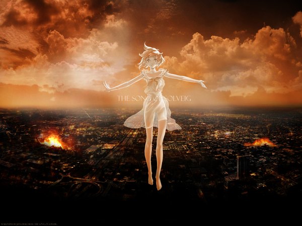 Anime picture 1600x1200 with 100 masters of bishojo painting (artbook) hisakata souji looking at viewer short hair blonde hair sky inscription orange eyes city cityscape flying scenic girl dress white dress fire