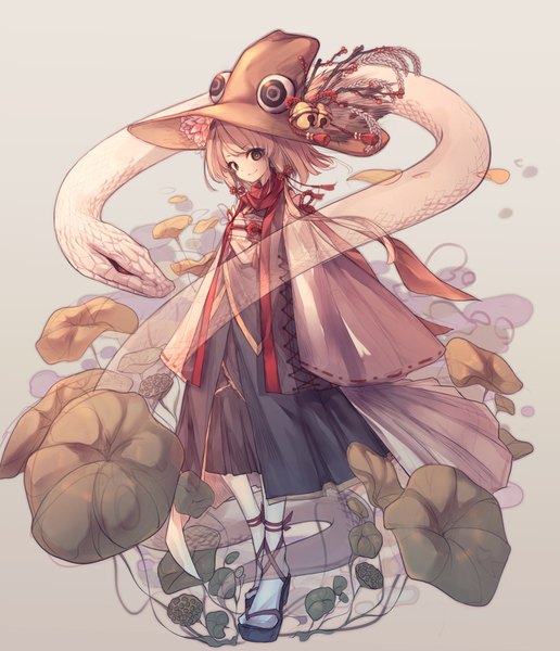 Anime picture 3133x3640 with touhou moriya suwako mishaguji hito komoru single tall image looking at viewer highres short hair blonde hair smile brown eyes absurdres full body traditional clothes japanese clothes wind wide sleeves transparent girl