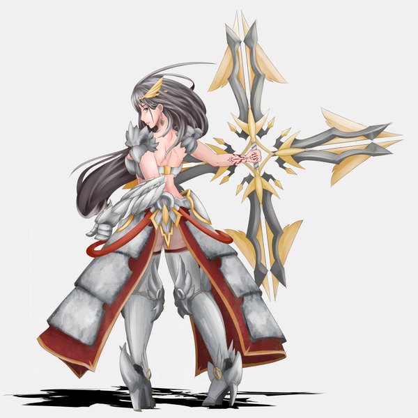 Anime picture 7600x7600 with league of legends sivir (league of legends) legalia single long hair looking at viewer highres black hair white background absurdres black eyes tattoo back girl weapon earrings armor