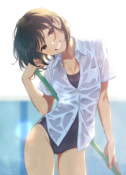 Anime picture 1058x1472 with original morikura en single tall image looking at viewer blush fringe short hair breasts light erotic smile brown hair standing holding brown eyes signed cleavage parted lips head tilt short sleeves