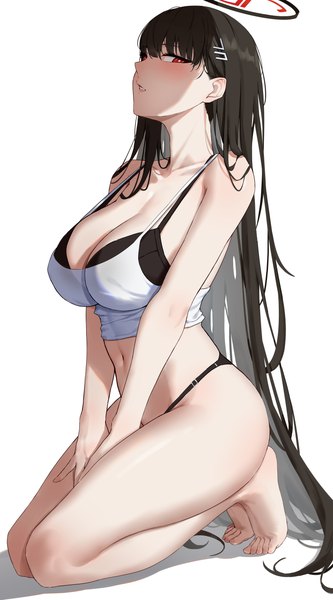 Anime picture 2953x5315 with blue archive rio (blue archive) yukiaka single tall image looking at viewer fringe highres breasts light erotic black hair simple background hair between eyes red eyes large breasts white background cleavage full body very long hair parted lips