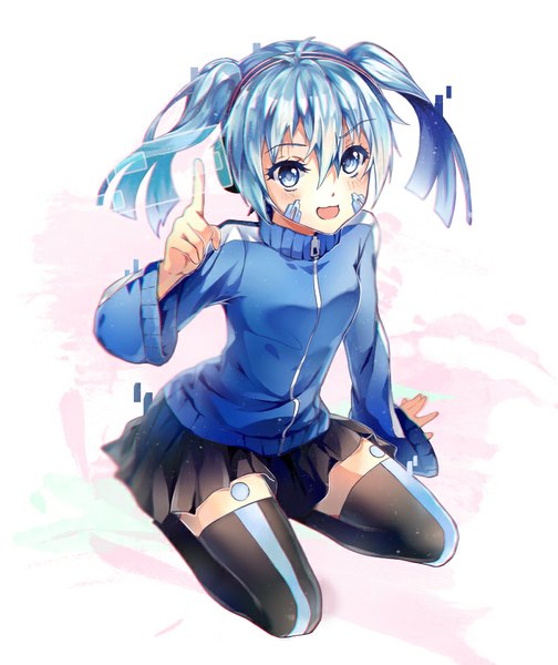 Anime picture 805x959 with kagerou project shaft (studio) ene (kagerou project) teka single tall image looking at viewer blush fringe short hair open mouth blue eyes white background sitting twintails blue hair ahoge :d from above short twintails