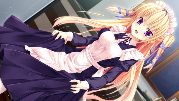 Anime picture 1280x720 with kanojo wa ecchi de midara na hentai ensemble sweet jinguuji reika single long hair blush open mouth blonde hair wide image purple eyes game cg maid girl dress ribbon (ribbons) hair ribbon headdress maid headdress