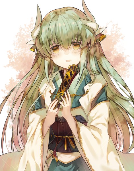 Anime-Bild 750x955 mit fate (series) fate/grand order kiyohime (fate) teigi single long hair tall image blush fringe open mouth hair between eyes yellow eyes traditional clothes head tilt japanese clothes horn (horns) green hair girl