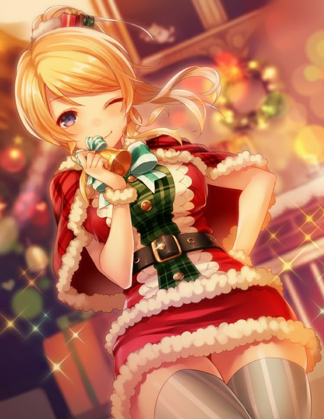 Anime picture 748x967 with love live! school idol project sunrise (studio) love live! ayase eli pekoo (pekota) single long hair tall image looking at viewer blush fringe blue eyes blonde hair smile standing ponytail one eye closed wink sparkle dutch angle