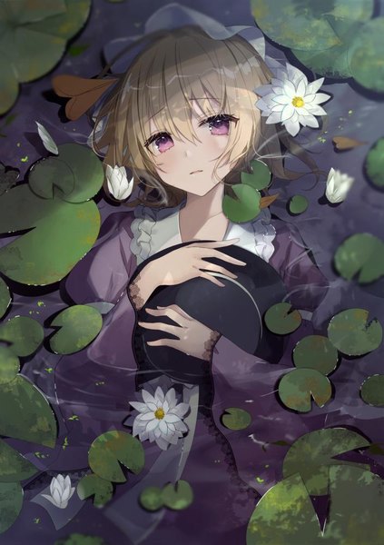 Anime picture 705x1000 with touhou maribel hearn natsuki (ukiwakudasai) single tall image looking at viewer fringe short hair hair between eyes purple eyes upper body lying parted lips from above wide sleeves shadow on back partially submerged hat removed headwear removed