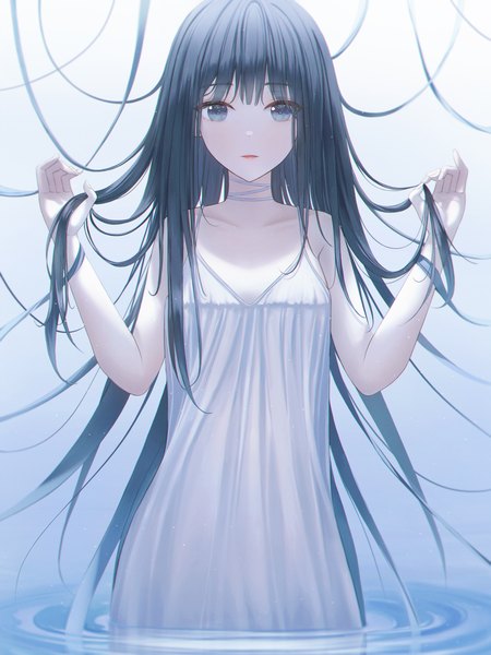 Anime-Bild 2400x3200 mit original youngsok single long hair tall image looking at viewer fringe highres blue eyes black hair standing parted lips partially submerged holding hair ripples girl dress choker white dress