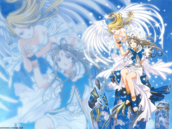 Anime picture 1024x768 with aa megami-sama anime international company belldandy holy bell long hair blonde hair brown hair multiple girls angel wings zoom layer girl 2 girls wings