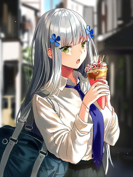 Anime picture 700x933 with girls frontline hk416 (girls frontline) silence girl single long hair tall image looking at viewer fringe open mouth holding green eyes payot silver hair upper body outdoors blunt bangs pleated skirt blurry :o facial mark