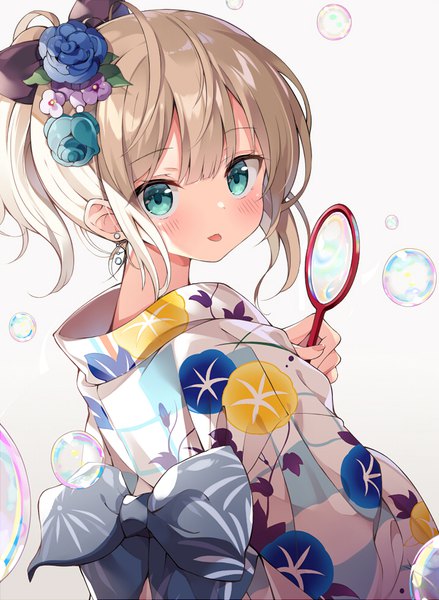 Anime picture 716x979 with original myuton single tall image blush fringe short hair blonde hair hair between eyes white background ponytail traditional clothes japanese clothes looking back hair flower aqua eyes floral print bubble blowing girl flower (flowers)