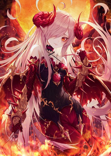 Anime picture 2336x3276 with original okazu (eightstudio) single tall image looking at viewer blush fringe highres breasts standing bare shoulders pink hair sky very long hair nail polish horn (horns) fingernails pointy ears hair over one eye orange eyes