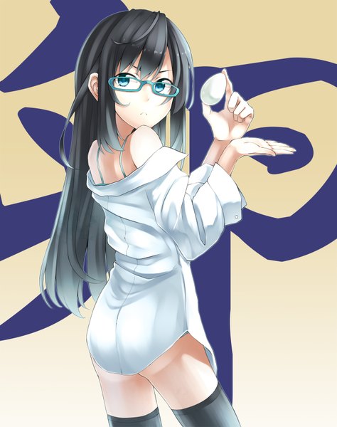 Anime picture 1265x1600 with original retsuna single long hair tall image blue eyes black hair bare shoulders looking back from behind off shoulder hieroglyph girl thighhighs black thighhighs shirt glasses egg