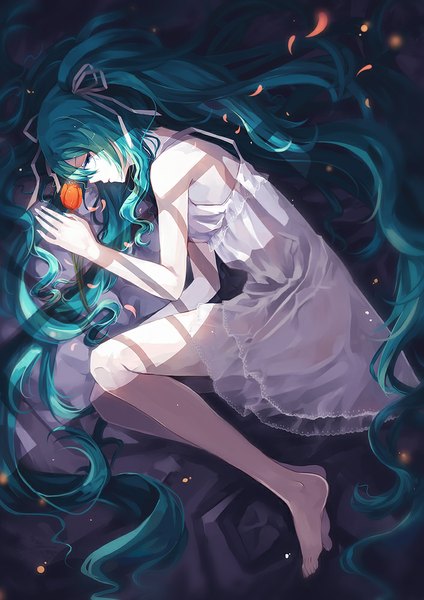 Anime picture 706x999 with vocaloid hatsune miku neyti (artist) single tall image looking at viewer blue eyes bare shoulders bent knee (knees) lying very long hair barefoot from above aqua hair bare legs shadow no shoes light girl dress