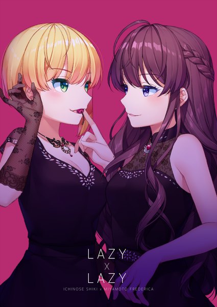 Anime picture 1074x1517 with idolmaster idolmaster cinderella girls idolmaster cinderella girls starlight stage ichinose shiki miyamoto frederica jenevan long hair tall image blush fringe short hair breasts blue eyes simple background blonde hair smile hair between eyes brown hair standing multiple girls