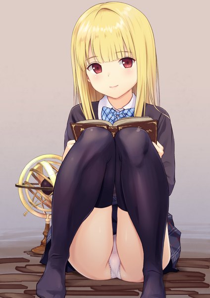 Anime picture 725x1025 with original n.g. single long hair tall image looking at viewer blush fringe light erotic blonde hair red eyes full body bent knee (knees) blunt bangs light smile pantyshot no shoes plaid skirt pantyshot sitting knees together feet apart