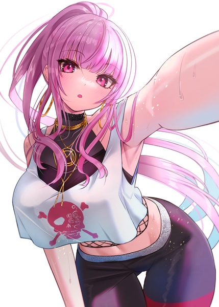 Anime picture 1536x2150 with virtual youtuber hololive hololive english mori calliope mori calliope (streetwear) inari (ambercrown) single long hair tall image looking at viewer fringe light erotic simple background white background pink hair ponytail blunt bangs pink eyes :o midriff
