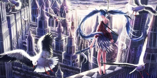 Anime picture 1913x957 with vocaloid hatsune miku 91 single highres blue eyes wide image blue hair very long hair looking back barefoot girl dress animal headphones bird (birds) guitar castle
