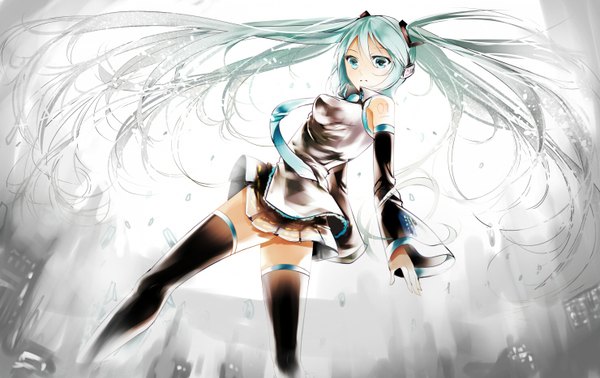 Anime picture 1480x934 with vocaloid hatsune miku aaru single twintails very long hair looking back aqua eyes aqua hair zettai ryouiki girl skirt hair ornament detached sleeves necktie headphones thigh boots