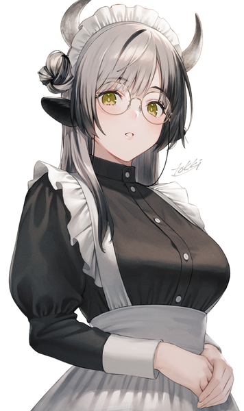 Anime picture 998x1684 with original tokki single long hair tall image looking at viewer blush fringe breasts black hair simple background standing white background green eyes signed animal ears long sleeves parted lips multicolored hair horn (horns)