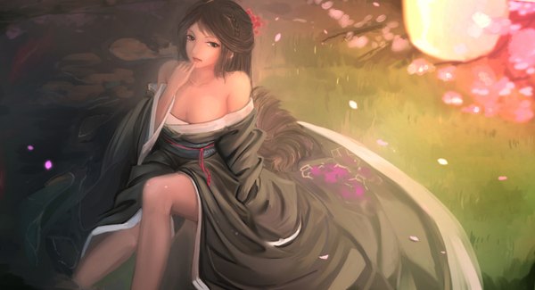 Anime picture 1500x814 with original kikivi single long hair light erotic black hair wide image brown eyes traditional clothes japanese clothes finger to mouth girl petals kimono obi