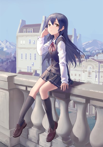 Anime picture 1009x1430 with love live! school idol project sunrise (studio) love live! sonoda umi huanxiang heitu single long hair tall image blush fringe hair between eyes sitting brown eyes blue hair looking away full body long sleeves pleated skirt wind city