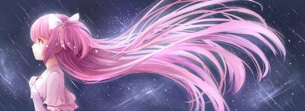 Anime picture 1973x720 with mahou shoujo madoka magica shaft (studio) kaname madoka goddess madoka nio (jacky19921205) single long hair blush highres red eyes wide image pink hair profile night two side up night sky tears hand on chest rain sad