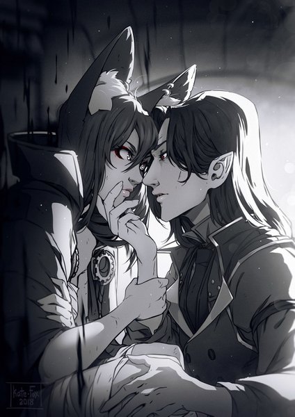 Anime picture 900x1273 with original katrin fox kate-fox long hair tall image red eyes signed animal ears tail animal tail profile pointy ears sunlight fox ears holding hands fox girl monochrome face to face eye contact vampire