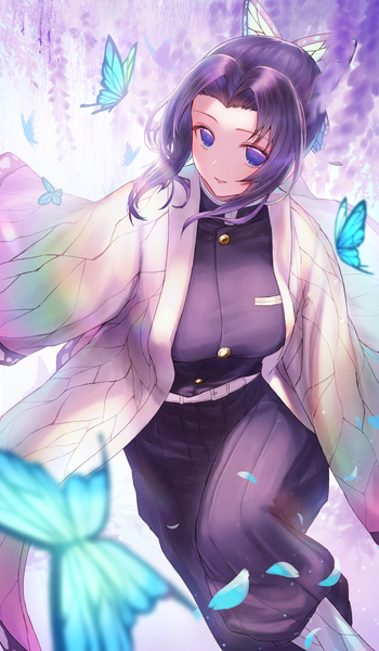 Anime picture 3500x6000 with kimetsu no yaiba ufotable kochou shinobu hayataku1234 single tall image looking at viewer highres short hair purple eyes payot absurdres purple hair traditional clothes japanese clothes girl hair ornament flower (flowers) petals insect