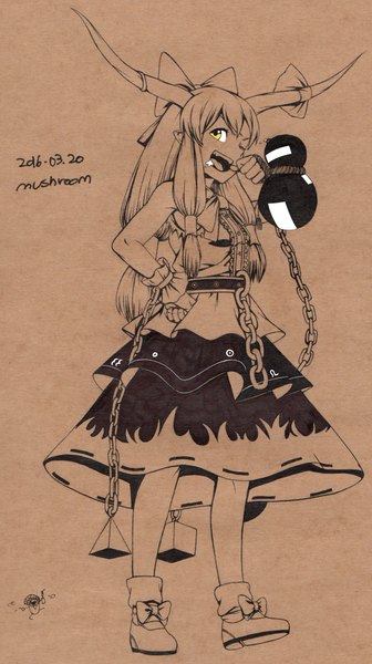 Anime picture 1618x2891 with touhou ibuki suika mushroom (osh320) single long hair tall image looking at viewer open mouth simple background smile signed yellow eyes full body :d one eye closed horn (horns) fang (fangs) sleeveless dated monochrome