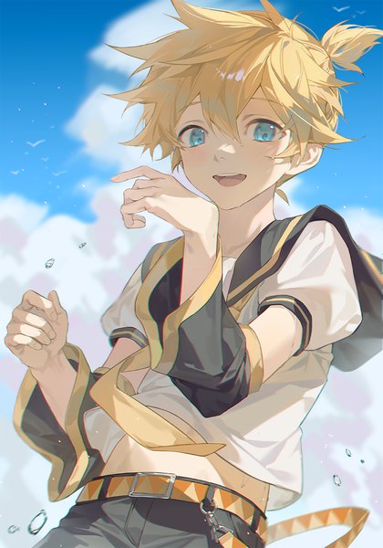 Anime picture 800x1143 with vocaloid kagamine len xiaojiaju single tall image looking at viewer fringe short hair open mouth blue eyes blonde hair hair between eyes sky cloud (clouds) ponytail :d puffy sleeves sailor collar boy detached sleeves