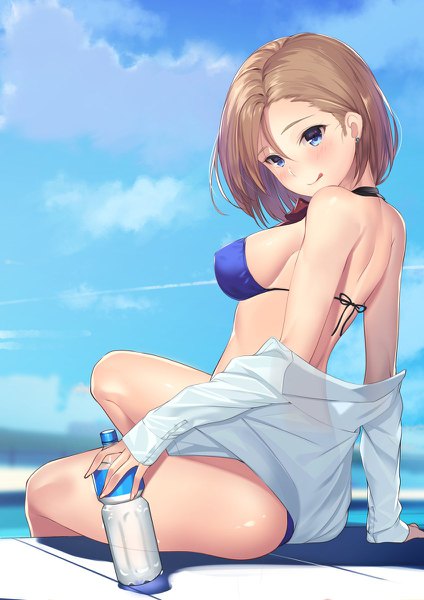 Anime picture 848x1200 with original kagematsuri single tall image looking at viewer blush fringe short hair breasts blue eyes light erotic hair between eyes brown hair large breasts sitting bare shoulders holding sky cloud (clouds) outdoors