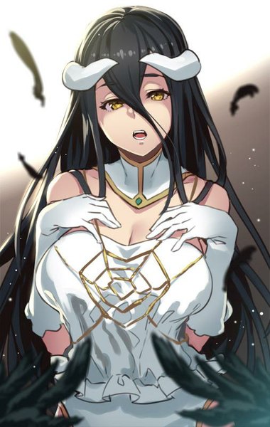 Anime picture 507x800 with overlord (maruyama) madhouse albedo (overlord) houtengeki single long hair tall image looking at viewer breasts open mouth black hair large breasts bare shoulders yellow eyes horn (horns) teeth demon girl black wings girl gloves