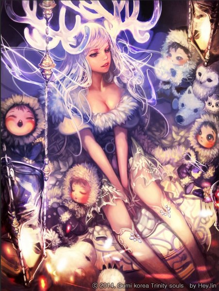 Anime picture 775x1030 with trinity souls heyjin long hair tall image fringe sitting purple eyes cleavage white hair horn (horns) lips fur trim sleeping between legs girl animal bird (birds) fur knee socks clock