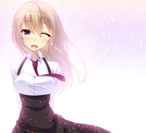 Anime picture 2000x1829 with original ayatudura single long hair blush highres open mouth blonde hair red eyes white background one eye closed wink tears girl dress necktie