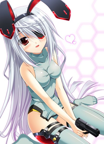 Anime picture 719x1000 with infinite stratos 8bit laura bodewig endori single long hair tall image blush open mouth red eyes bare shoulders animal ears silver hair bunny ears no shoes girl thighhighs weapon gun bodysuit