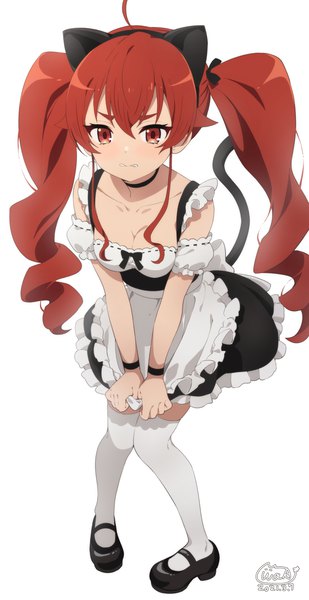 Anime picture 800x1551 with mushoku tensei studio bind eris boreas greyrat neki (wakiko) single long hair tall image looking at viewer blush fringe breasts simple background hair between eyes red eyes standing white background twintails signed animal ears cleavage
