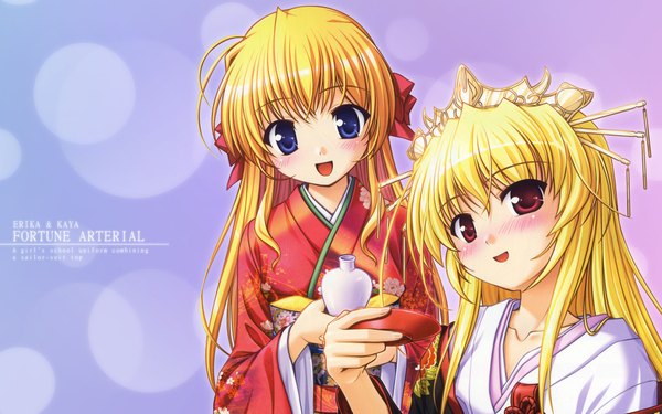 Anime picture 1920x1200 with fortune arterial august soft sendou erika sendou kaya bekkankou long hair looking at viewer blush highres open mouth blue eyes simple background blonde hair red eyes wide image multiple girls japanese clothes wallpaper purple background girl