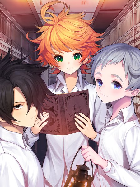 Anime picture 1000x1333 with yakusoku no neverland cloverworks emma (yakusoku no neverland) norman (yakusoku no neverland) ray (yakusoku no neverland) kyundoo tall image looking at viewer fringe short hair blue eyes black hair standing holding green eyes silver hair ahoge indoors light smile black eyes