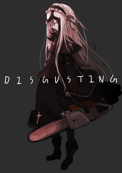 Anime picture 2480x3508 with tenten (pixiv 1600747) single long hair tall image highres simple background white hair black eyes black background girl dress earrings black dress gas mask chainsaw